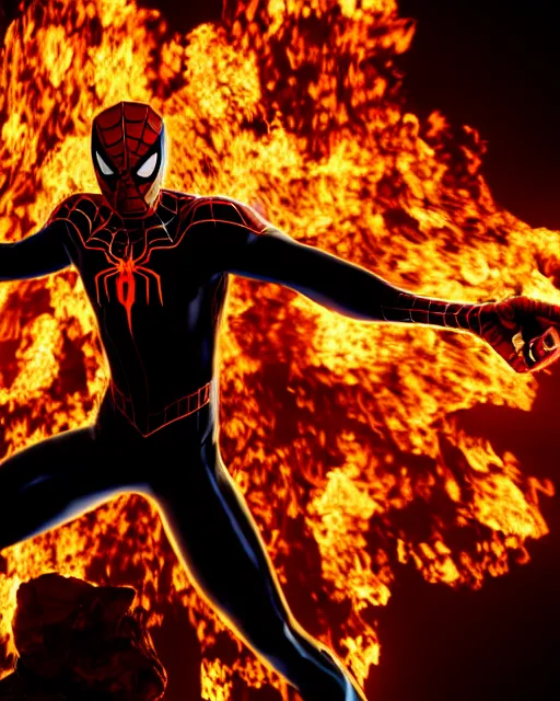 Image similar to photograph of a black and gold suit spider - man stood infront of a blazing inferno, dslr, cinematic, volumetric lighting, 8 k resolution, photorealistic