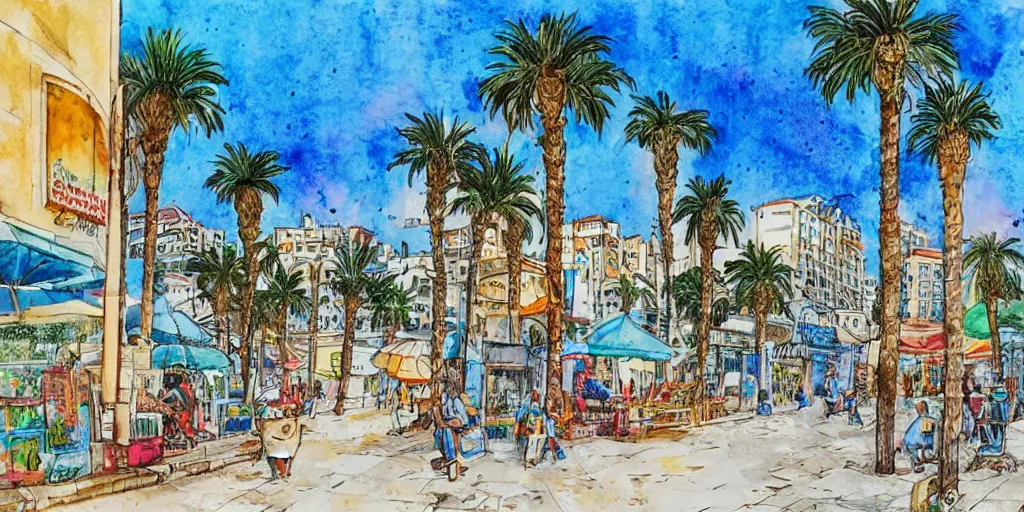 Prompt: streets of tel aviv. pen painting watercolors. colorful. highly detailed. palm trees. dogs.