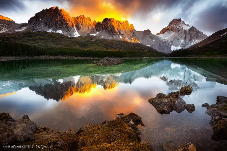 Prompt: landscape photography by marc adamus, mountains, a lake, dramatic lighting, mountains, a tree in the foreground