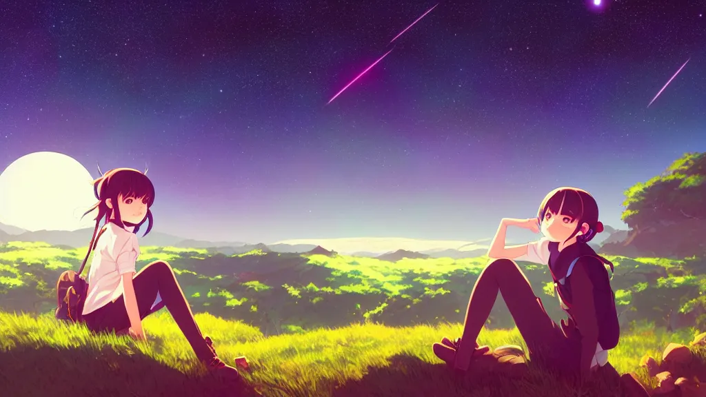 Prompt: a schoolgirl girl sat on the hillside and looked at the stars in the night sky, midnight, spectacular milky way, shining meteor, rich vivid colors, ambient lighting, official media, anime key visual, makoto shinkai, ilya kuvshinov, lois van baarle, rossdraws, detailed, trending on artstation.