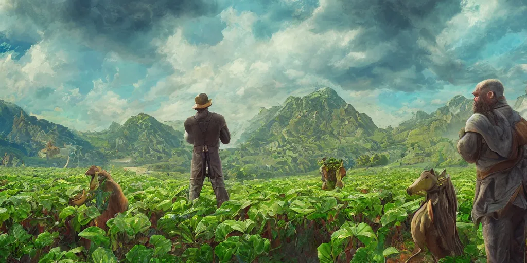 Image similar to A man surveying his exquisite, symmetrical, perfect crops, high quality fantasy art, 4k