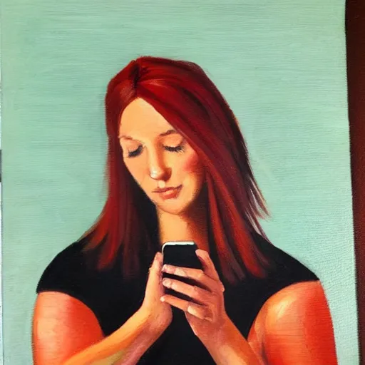 Prompt: red head woman, on her iPhone, trying to figure out how to use discord. Oil painting.