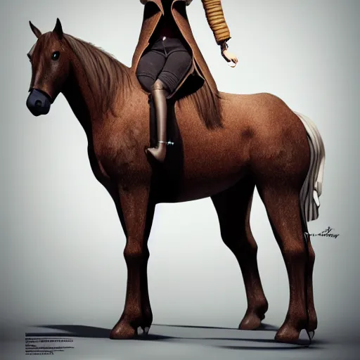 Image similar to concept art of hybrid human and horse wearing coat, anthropomorphic horse wearing a coat and standing on two legs like human, digital art, photo realistic, artstation, highly detailed