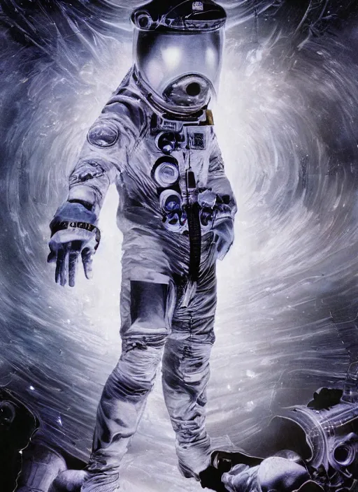 Image similar to astronauts in dark and empty void underwater - complex and hyperdetailed technical suit. reflection and dispersion materials. rays and dispersion of light. volumetric light. 5 0 mm, f / 3 2. noise film photo. flash photography. ultra realistic, wide angle. poster by wayne barlowe, hajime sorayama aaron horkey, craig mullins