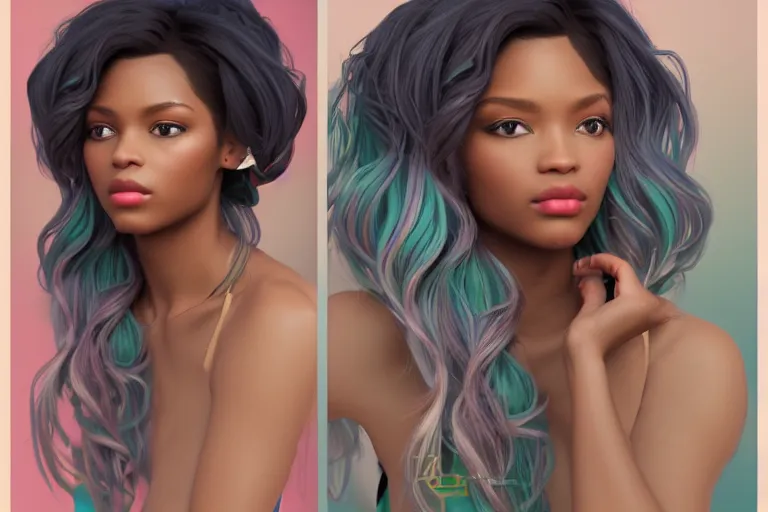 Image similar to beautiful black woman with gorgeous pastel balayage hairstyle, as seen on artgerm, octane render, in the style of alphonse mucha, ultra realistic, highly detailed, 8 k