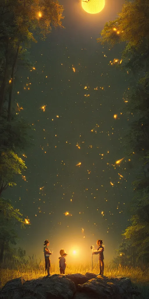 Image similar to symmetry!! they stared at the fireflies as they filled the scenery, surreal landscape, golden hour, very detailed, perfect composition, perfect lighting, 4 k, trending on artstation, greg rutkowski, derek zabrocki, artgerm, photograph, realistic, octane render, 3 d, blender