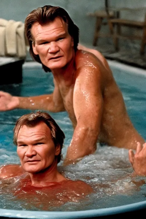 Prompt: patrick swayze swimming in a bath tub of baked beans, realistic, moody grindhouse, dark