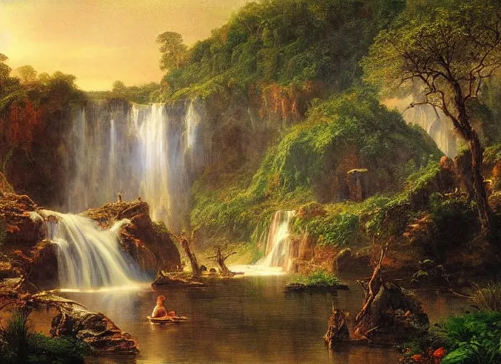 Prompt: epic waterfall planetscape, glowing river scene, serene mood, in style of frederic edwin church