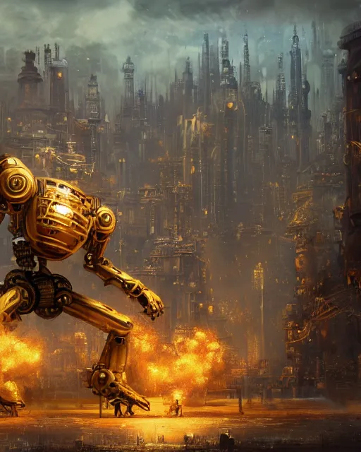 Prompt: oil painting of golden King Kong Steampunk Robot Hybrid attacking city, sharp focus, fantasy style, steampunk city background, octane render, volumetric lighting, 8k high definition, by greg rutkowski, highly detailed, trending on art Station