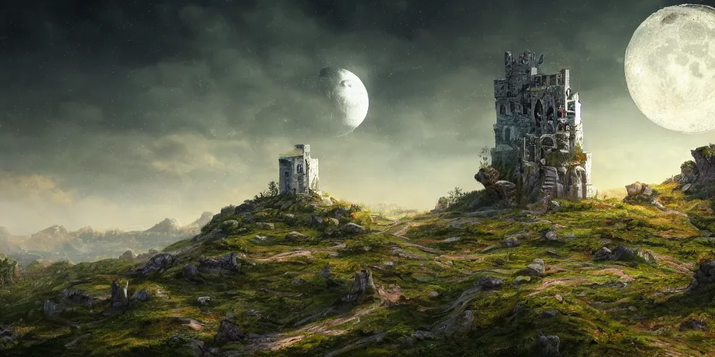 Image similar to The great intricate marble wizards tower, painted landscape, green fields in the background, moody lighting, moon in the night sky, sharp image, 4k, artstation, colorful digital art