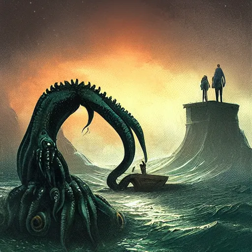 Image similar to Cthulhu emerging from the water while a man stands on the shore watching at night by Marc Simonetti