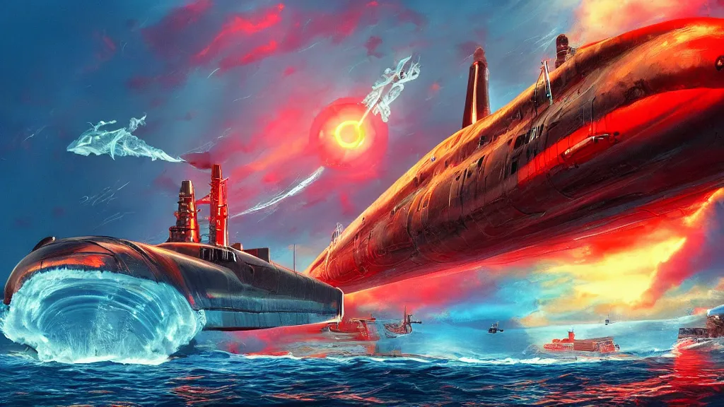 Prompt: nuclear submarine and giant squid, vivid colors, colorful, high dynamic range, hdr, artstation