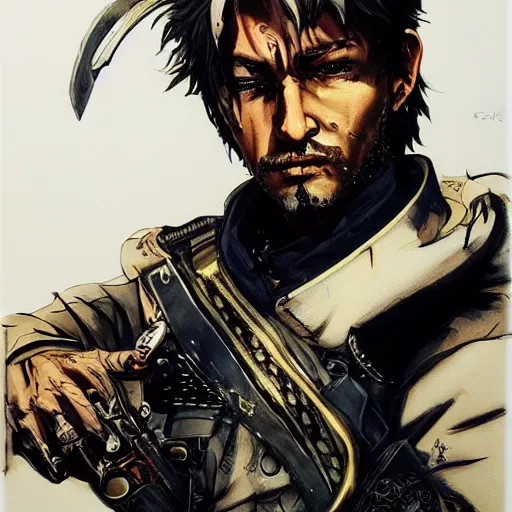 Image similar to portrait of a futuristic cowboy holding his sword in front of his face by yoji shinkawa, high quality, extra details, realism, ornate, colored, golden chain, blood, white skin, short hair, brown eyes, vivid, sunlight, dynamic, american man, freedom, white american soldier, painting