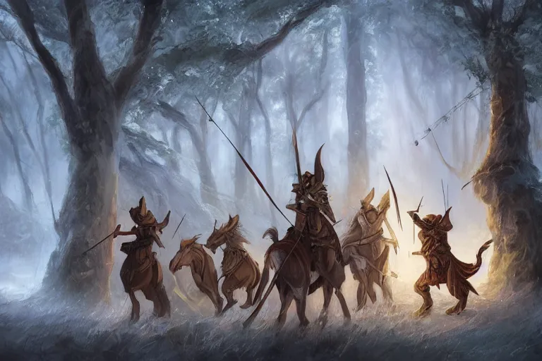 Prompt: dungeons and dragons fantasy painting, mice ranger archers emerge from the forest, longbows, hooded cloaks, whimsical and cute, determined expressions, watery eyes, anime inspired by crens kushart, brown fur, tufty whiskers, feathered arrows, bamboo forest, dawn lighting, by brain froud jessica rossier and greg rutkowski