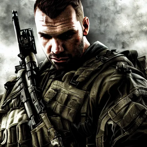 Image similar to a portrait of a John soap mactavish ,call of duty, military , HDR, natural light, shoulder level shot, dynamic pose, award winning photograph, Mucha style 4k,