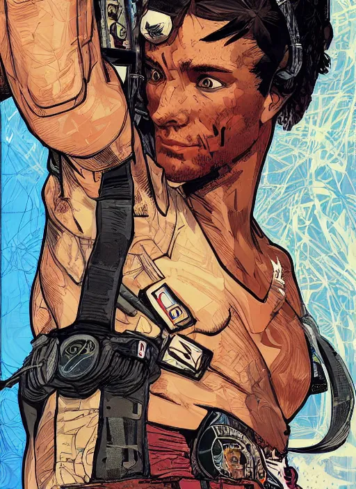 Prompt: cyberpunk olympic boxer. portrait by ashley wood and alphonse mucha and laurie greasley and josan gonzalez and james gurney. spliner cell, apex legends, rb 6 s, hl 2, d & d, cyberpunk 2 0 7 7. realistic face. character clothing. vivid color. dystopian setting.