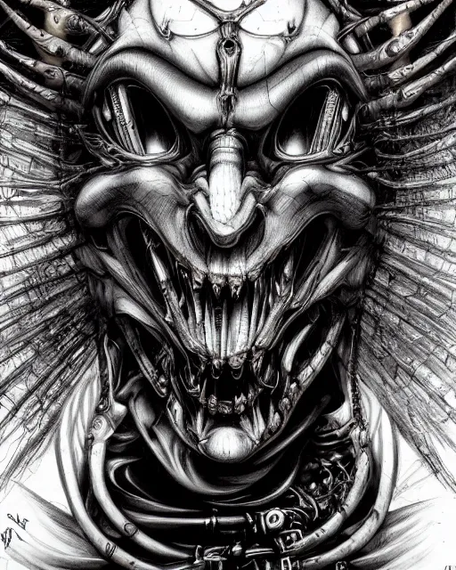 Image similar to jester by Yoshitaka Amano, by HR Giger, biomechanical, profile portrait, 4k, wide ayes, hyper detailed, hyperrealism, anime