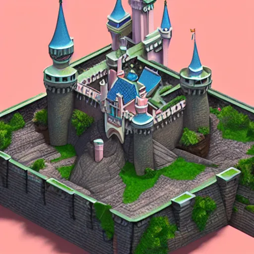 Image similar to 2004-2007 isometric disneyland castle, sculpted, 3d render, in the style of VMK, yoworld, artstation, isometric by Miha Rinne