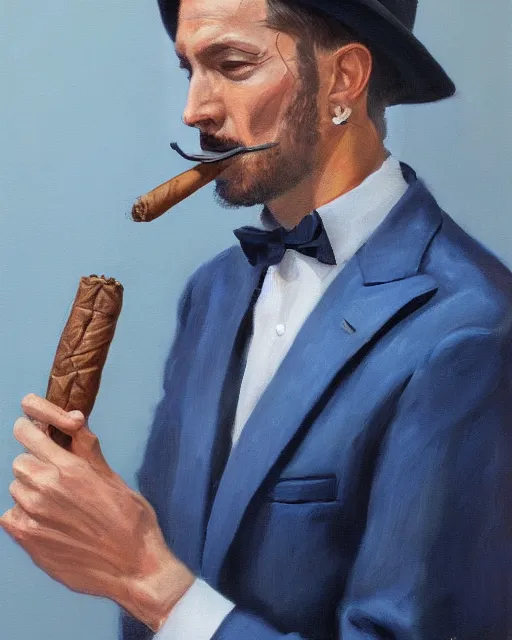 Image similar to Hyper realistic oil portrait of a man in his thirties smoking a cigar, dressed in a blue suit, by Mosh Art, trending on artstation