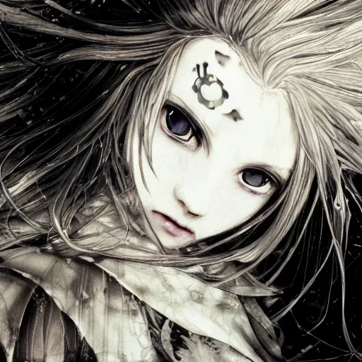 Image similar to Yoshitaka Amano blurred and dreamy illustration of an anime girl with a pirate eye patch, wavy white hair and cracks on her face wearing Elden ring armour with the cape fluttering in the wind, closeup shot, abstract black and white patterns on the background, noisy film grain effect, highly detailed, Renaissance oil painting, weird portrait angle