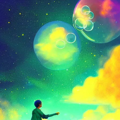 Prompt: a high quality artwork, human hand holding a bunch of soap bubbles in a cosmic space full of stars and clouds, volumetric light, green and yellow colors, digital art, artstation