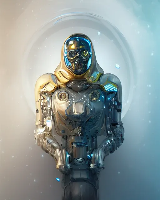 Image similar to portrait of a cyborg, necromancer, benevolant, scifi, futuristic, elegant cape, intelligent, alien room background, white, blue, gold, highly detailed, trending on artstation, soft light, holy machine, advanced technology, art by vitaly bulgarov and nivanh chanthara