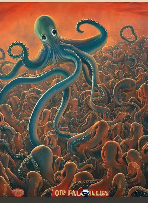 Prompt: a group of people standing around a cardboard box full of tentacled alien babies, an ultrafine detailed painting by john philip falter, shutterstock, american scene painting, movie still, concert poster, poster art