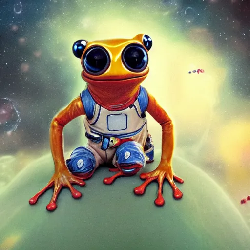 Image similar to soulful long shot of a cute baby frog astronaut, by esao andrews, by m. w. kaluta, ultra humorous illustration, small depth of field, perspective perception, volumetric light, psychedelic colors, 3 d octane render, 8 k, conceptart, hyperdetailed, hyperrealistic, trending on artstation