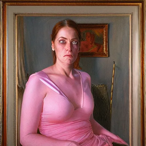 Image similar to frontal portrait of a delicate woman, looking with suspicion, in a pink room, by donato giancola.