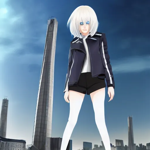 Image similar to platinum - blonde - haired long bob cut blue - eyed princess wearing white leggings and black jacket, standing next to communist monument, communist city, dictatorship of the proletariat, anime, hd anime wallpaper, hyperrealistic lighting, volumetric lighting, drawn by artgerm