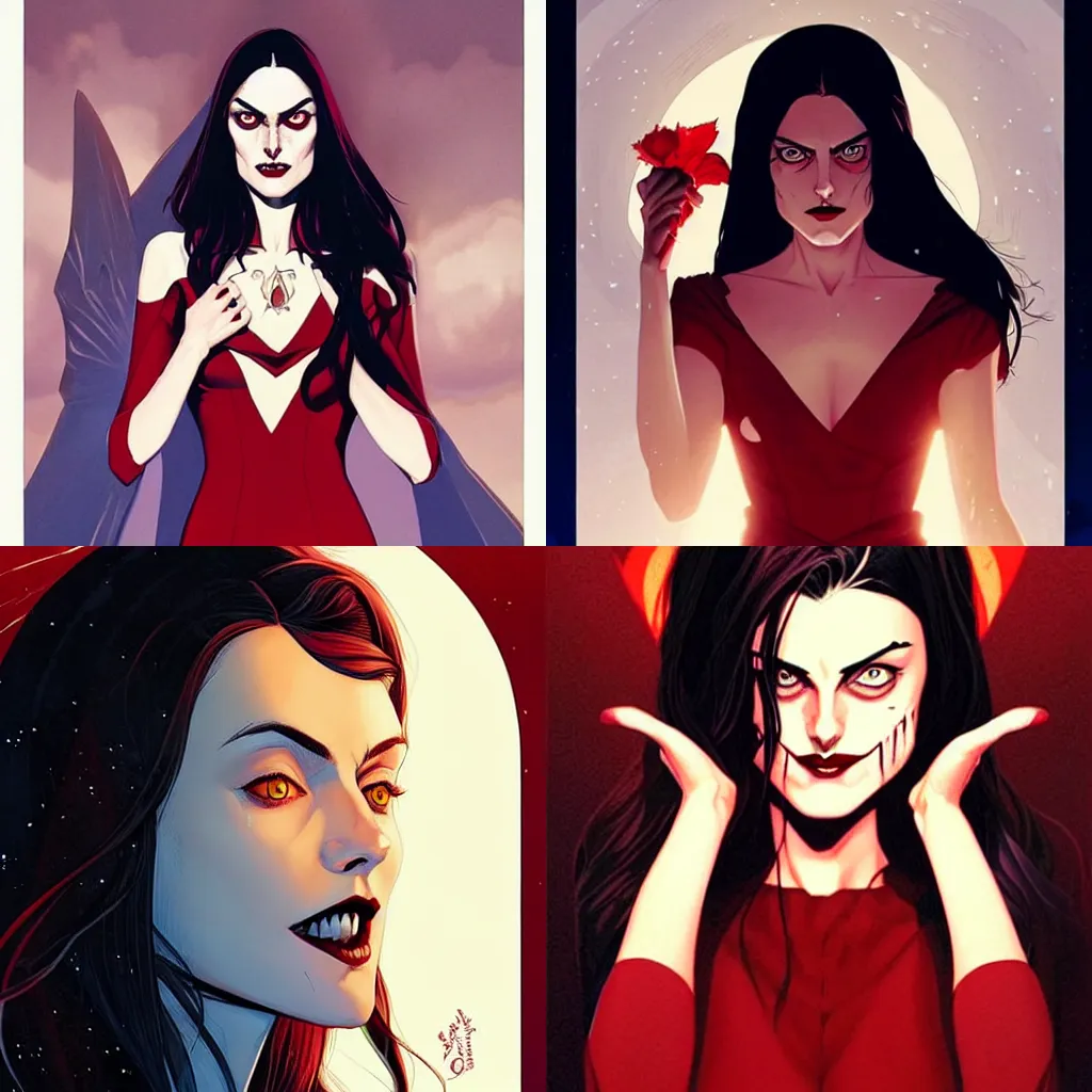 Image similar to Rafeal Albuquerque comic art, Joshua Middleton comic art, pretty female Phoebe Tonkin, vampire, fully red eyes no pupils, sharp vampire teeth, evil smile, horror, symmetrical face, symmetrical eyes, pretty white dress, short black hair, full body:: snow outside::