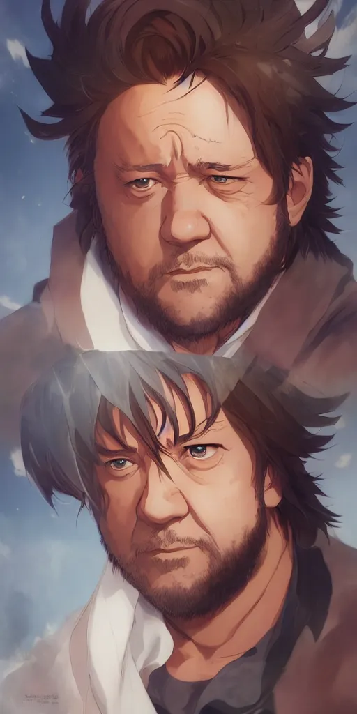 Image similar to anime portrait of Russell Crowe as an anime man by Stanley Artgerm Lau, WLOP, Rossdraws, James Jean, Andrei Riabovitchev, Marc Simonetti, and Sakimichan, trending on artstation