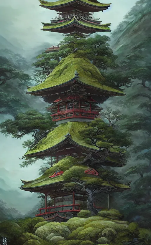 Image similar to japanese style shrine on top of a misty mountain overgrown, hyper realistic, lush gnarly plants, 8 k, denoised, by greg rutkowski, tom bagshaw, james gurney cinematic lighting