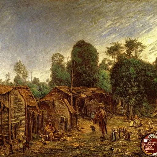 Prompt: jean francois millet as slum neighborhood on lord of the ring, random content position, incrinate contents detail, rgb color