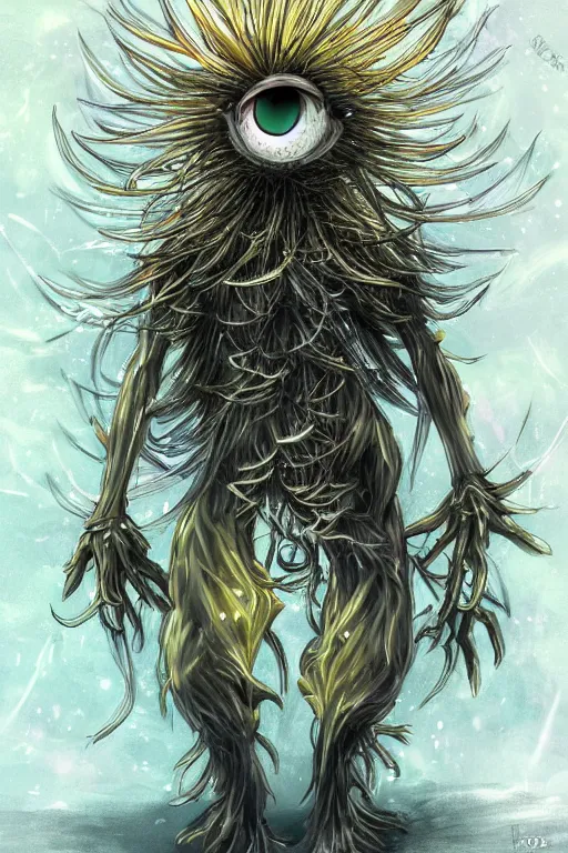 Image similar to a humanoid figure dandelion monster with large glowing eyes, highly detailed, digital art, sharp focus, trending on art station, artichoke, anime art style