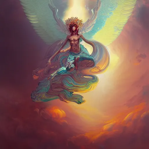 Prompt: detailed key art, concept illustration, hyper detailed painting, hyperrealist painting of an psychedelic angelic celestial being mythical creature by peter mohrbacher, by sam spratt trending on artstation, sacred geometry, esoteric art