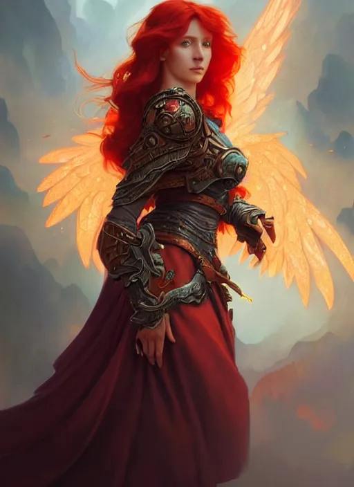 Image similar to a beautiful red haired woman with wings of fire, deep focus, d & d, fantasy, intricate, elegant, highly detailed, digital painting, artstation, concept art, matte, sharp focus, illustration, hearthstone, art by artgerm and greg rutkowski and alphonse mucha