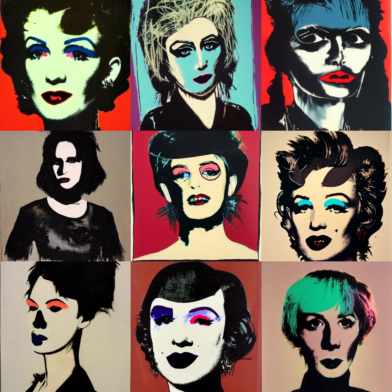 Prompt: A goth portrait painted by Andy Warhol. Her hair is naturally dark brown and cut into a short, messy pixie cut. She has a slightly rounded face, with a pointed chin, large entirely-black eyes, and a small nose. She is wearing a black tank top, a black leather jacket, a black knee-length skirt, a black choker, and black leather boots.