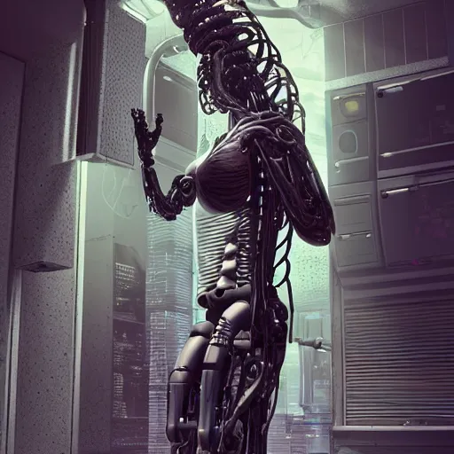 Image similar to the upper torso of a terminator cyborg lady with borg implants, human face and robotic snakes coming out of her head is hanging from cables and wires off the ceiling of a lab. Her bottom half is missing with cables hanging out. She is taking a sip from a cup of coffee. very detailed 8k. Horror cyberpunk style. Unreal engine 5 render with nanite, path tracing and cinematic post processing. Sharp.