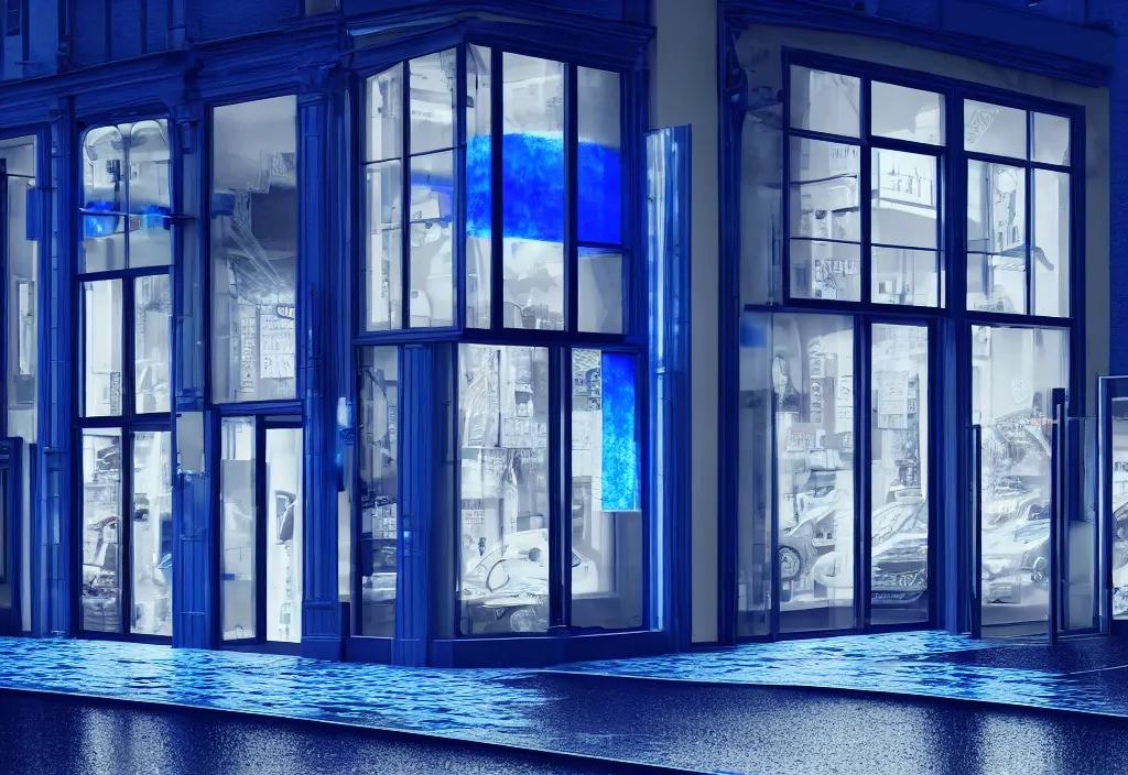 Image similar to old shopfront with blue wax lava lamps in the windows on shelves, the blue glow softly illuminating a wet road, 2 - point perspective from the street, photoreal octane render, night, detailed illustration