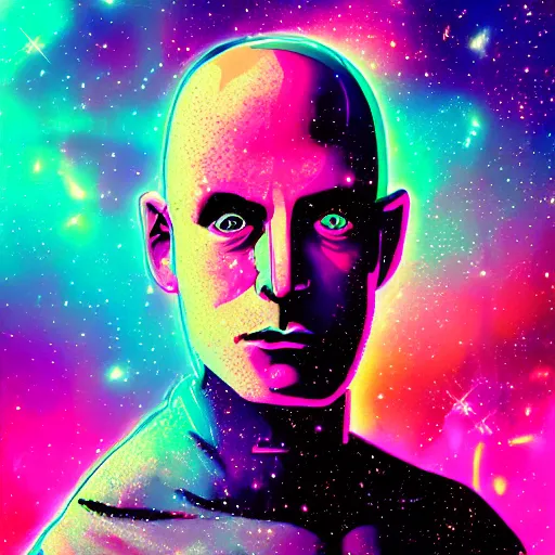 Prompt: portrait of a bald man, synthwave, universe background, nebula, galaxy, digital art