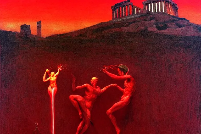 Image similar to only with red, a red melted apollo with a laurel wreath and a flaming sword announce win, athens in background, in the style of beksinski, parts by edward hopper, parts by rodcenko, parts by yue minjun, intricate and epic composition, red by caravaggio, insanely quality, highly detailed, masterpiece, red light, artstation, 4 k