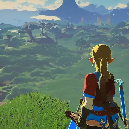 Prompt: zelda with a modern camera and a big microphone in breath of the wild. breathtaking view. 2 6 mm