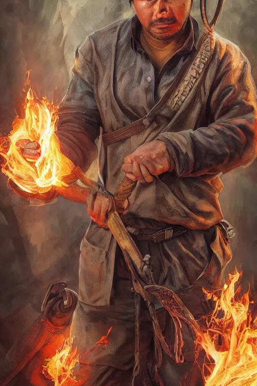 Prompt: full character concept art of doug marcaida from history channel's forged in fire, holding a kampilan, dense jungle, forge, fire and sparks, it will keall!!, detailed, high quality, dynamic lighting, dark fantasy. artwork by artgerm, wlop, alex ross, greg rutknowski, alphonse mucha