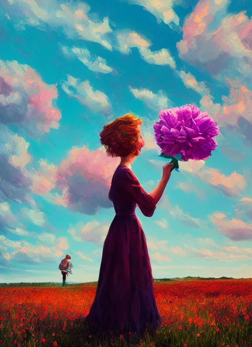 Image similar to woman with a giant carnation as a face, flower field, surreal photography, sunset dramatic light, impressionist painting, colorful clouds, blue sky, digital painting, artstation, simon stalenhag