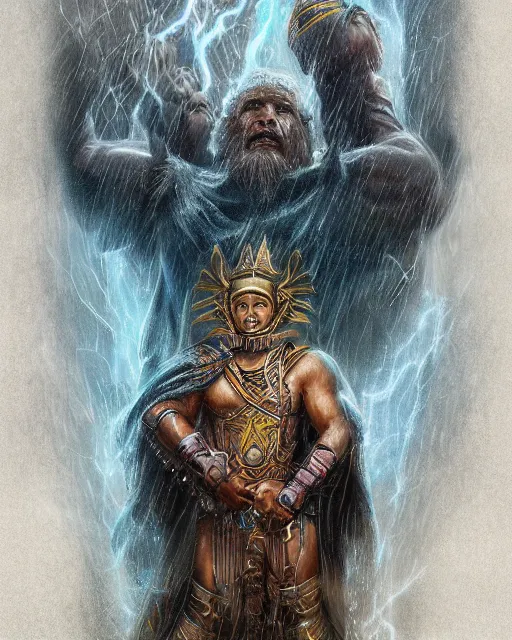 Prompt: digital painting of illapa, incan god of god of thunder lightning and rain and war, by filipe pagliuso and justin gerard, symmetric, fantasy, realistic, highly detailed, realistic, intricate, sharp focus, tarot card, portrait