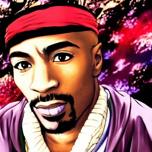 Image similar to Tupac Shakur, screenshot from a 2012s anime