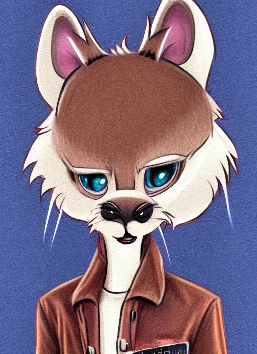 Image similar to expressive stylized master furry artist digital colored pencil painting full body portrait character study of the otter ( sergal ) small head big eyes toon fursona animal person wearing clothes jacket and jeans by master furry artist blotch