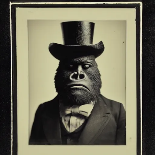 Prompt: a vintage wet plate portrait of a dignified bigfoot with a top hat and cane, extremely detailed, by angus mcbeanbigfoot!!!!!!!!!!!!!!!!!!