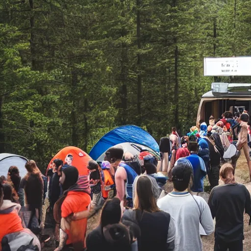 Image similar to people waiting in line before a toilet on a camping